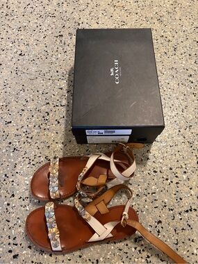 Coach Brown Leather Sandals with Cream Straps and Floral Studs